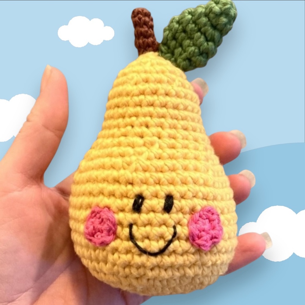 Organic crochet cotton yellow pear play food rattle NWT handmade made to order